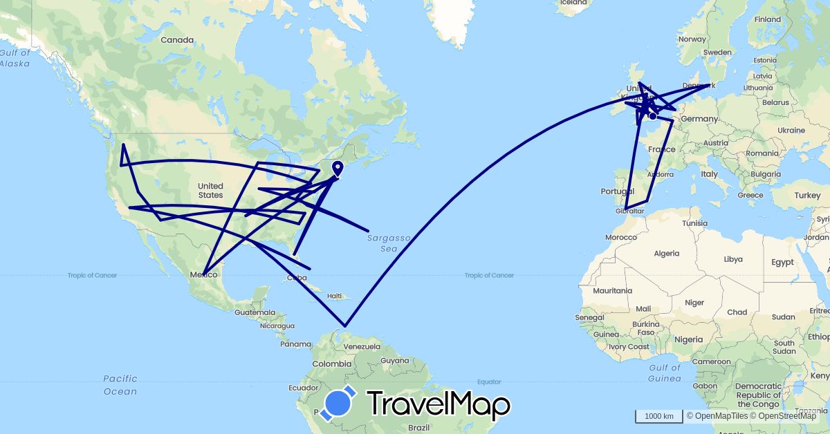 TravelMap itinerary: driving in Belgium, Bermuda, Bahamas, Denmark, Spain, United Kingdom, Ireland, Mexico, Netherlands, United States (Europe, North America)